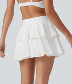 Mid Rise Breathable Mesh 2-in-1 InstantCool Quick Dry Micro Tennis Tiered Skirt with Pockets — White — view 2