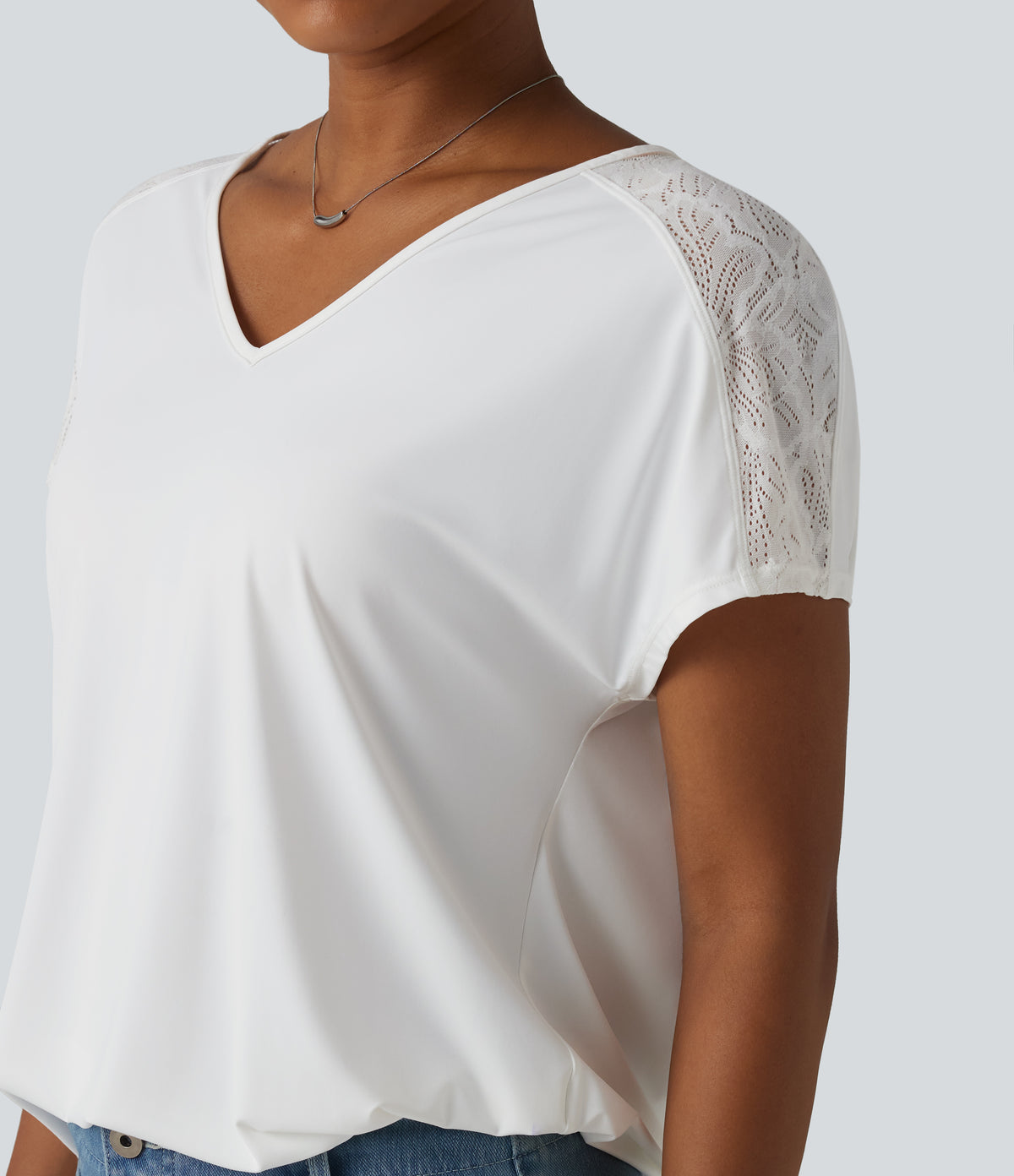 V-neck Batwing Short Sleeve Contrast Lace InstantCool Quick Dry Casual Top-UPF50+ — White — view 5