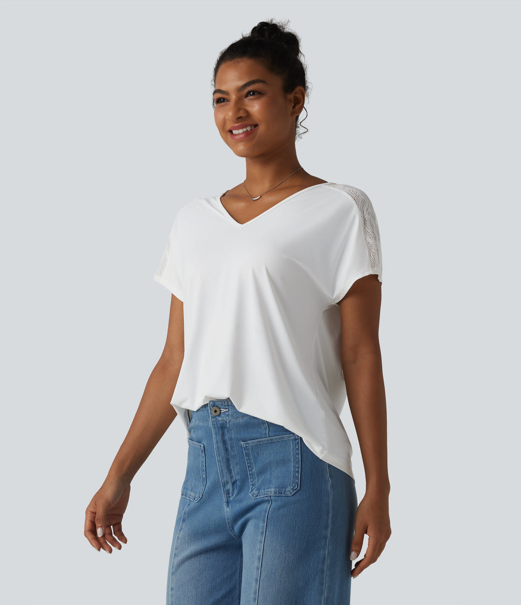 V-neck Batwing Short Sleeve Contrast Lace InstantCool Quick Dry Casual Top-UPF50+ — White — view 3