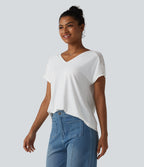 V-neck Batwing Short Sleeve Contrast Lace InstantCool Quick Dry Casual Top-UPF50+ — White — view 3