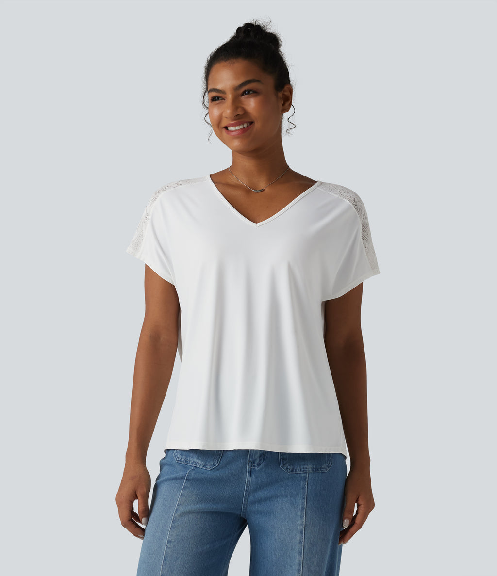 V-neck Batwing Short Sleeve Contrast Lace InstantCool Quick Dry Casual Top-UPF50+ — White — view 6