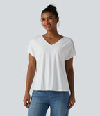 V-neck Batwing Short Sleeve Contrast Lace InstantCool Quick Dry Casual Top-UPF50+ — White — view 6