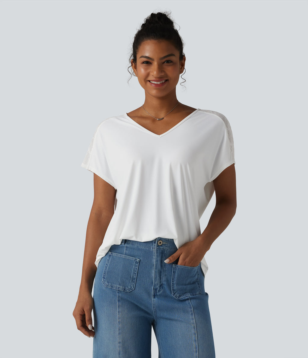 V-neck Batwing Short Sleeve Contrast Lace InstantCool Quick Dry Casual Top-UPF50+ — White — view 4