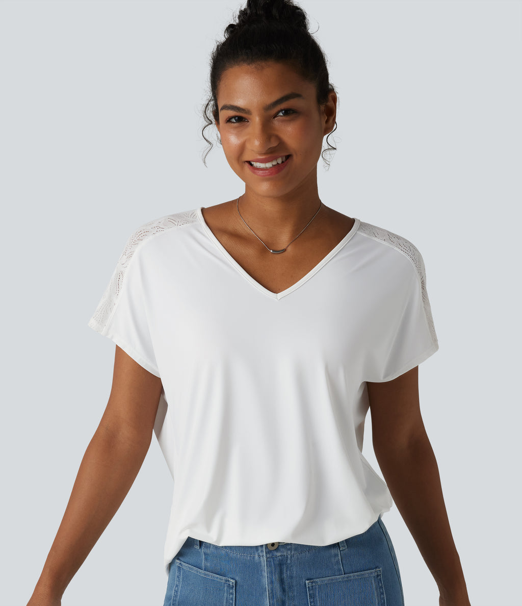 V-neck Batwing Short Sleeve Contrast Lace InstantCool Quick Dry Casual Top-UPF50+ — White — view 1