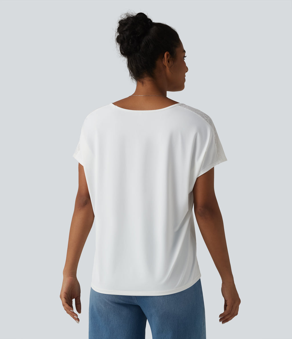 V-neck Batwing Short Sleeve Contrast Lace InstantCool Quick Dry Casual Top-UPF50+ — White — view 2