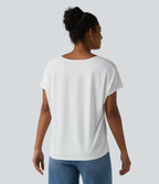 V-neck Batwing Short Sleeve Contrast Lace InstantCool Quick Dry Casual Top-UPF50+ — White — view 2