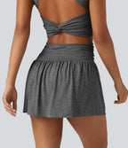 High Waisted Ruched Adjustable Buckle Mini 2-in-1 Workout A-Line Skirt with Pocket — Darl Gray Floral Yarn — view 2
