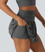 High Waisted Ruched Adjustable Buckle Mini 2-in-1 Workout A-Line Skirt with Pocket — Darl Gray Floral Yarn — view 4