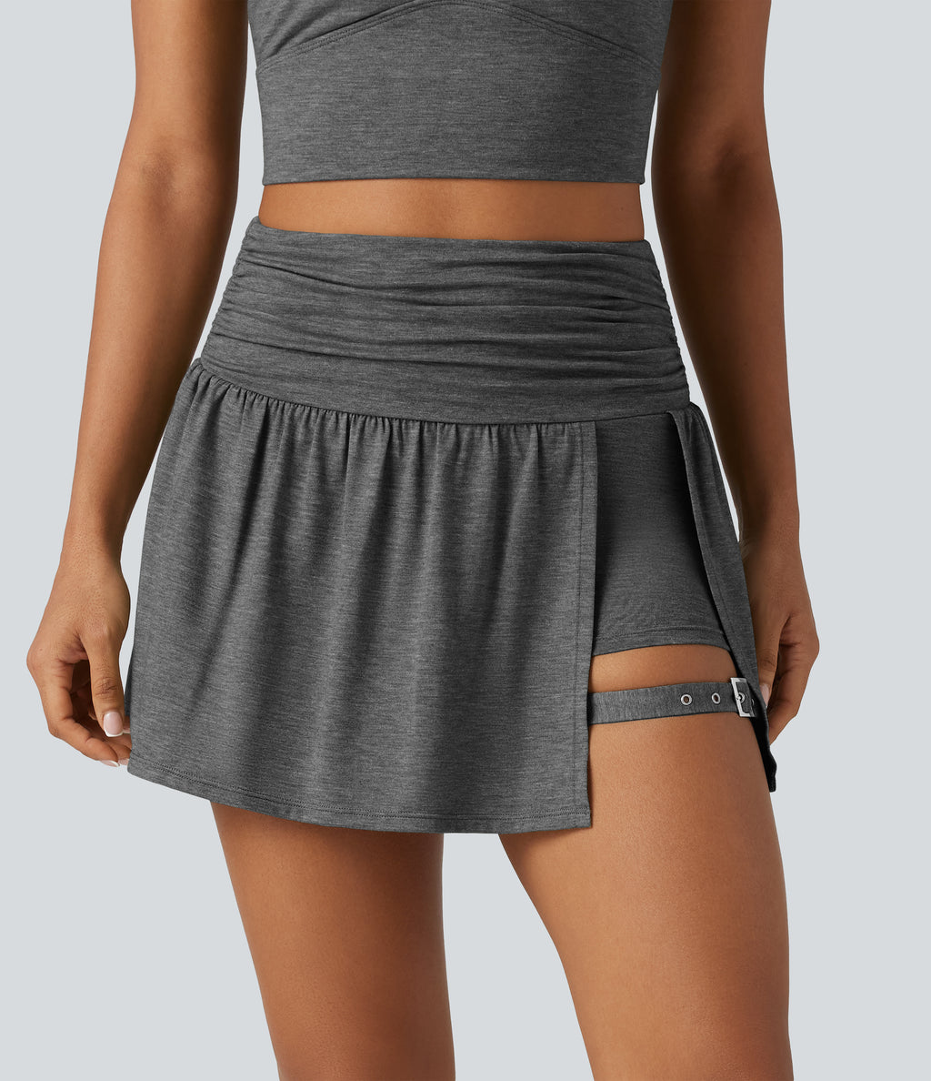 High Waisted Ruched Adjustable Buckle Mini 2-in-1 Workout A-Line Skirt with Pocket — Darl Gray Floral Yarn — view 3