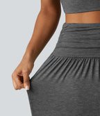 High Waisted Ruched Adjustable Buckle Mini 2-in-1 Workout A-Line Skirt with Pocket — Darl Gray Floral Yarn — view 8