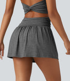 High Waisted Ruched Adjustable Buckle Mini 2-in-1 Workout A-Line Skirt with Pocket — Darl Gray Floral Yarn — view 6