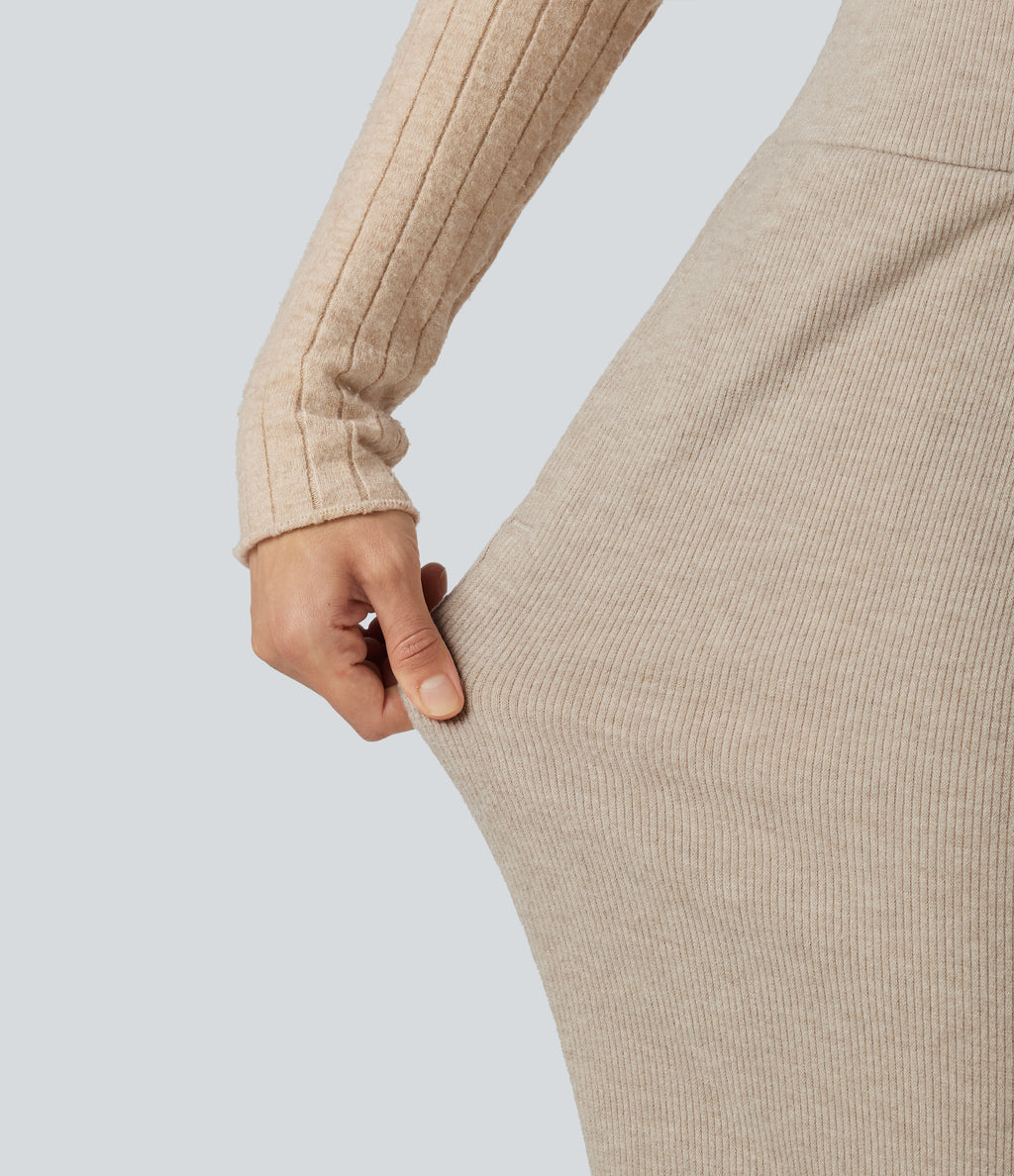 Ribbed High Waisted Drawstring Flare Casual Pants with Pockets — Oatstone Beige — view 7