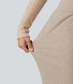 Ribbed High Waisted Drawstring Flare Casual Pants with Pockets — Oatstone Beige — view 7