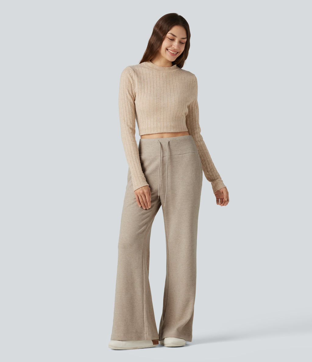Ribbed High Waisted Drawstring Flare Casual Pants with Pockets — Oatstone Beige — view 8