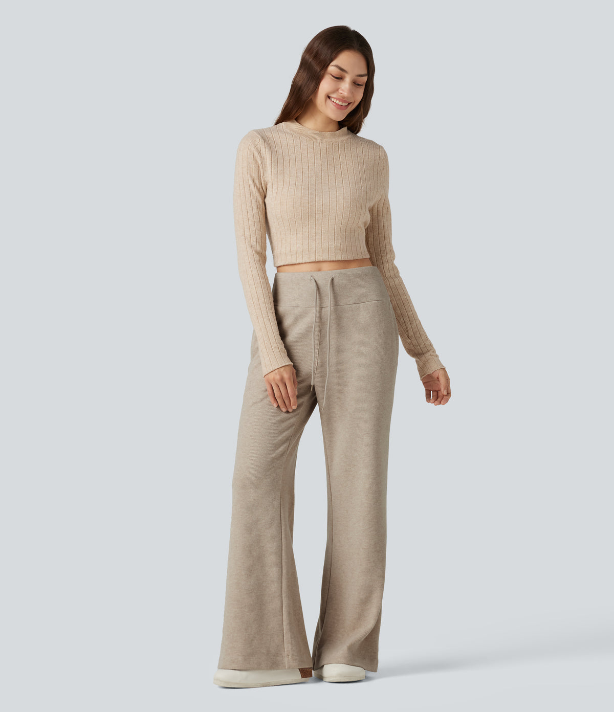 Ribbed High Waisted Drawstring Flare Casual Pants with Pockets — Oatstone Beige — view 8
