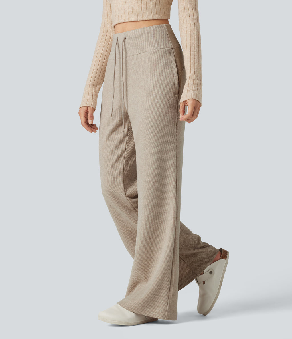 Ribbed High Waisted Drawstring Flare Casual Pants with Pockets — Oatstone Beige — view 3