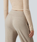 Ribbed High Waisted Drawstring Flare Casual Pants with Pockets — Oatstone Beige — view 5