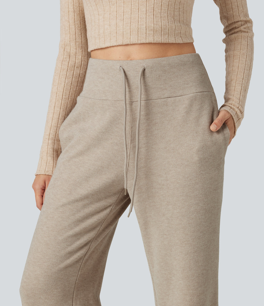 Ribbed High Waisted Drawstring Flare Casual Pants with Pockets — Oatstone Beige — view 6