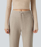 Ribbed High Waisted Drawstring Flare Casual Pants with Pockets — Oatstone Beige — view 4