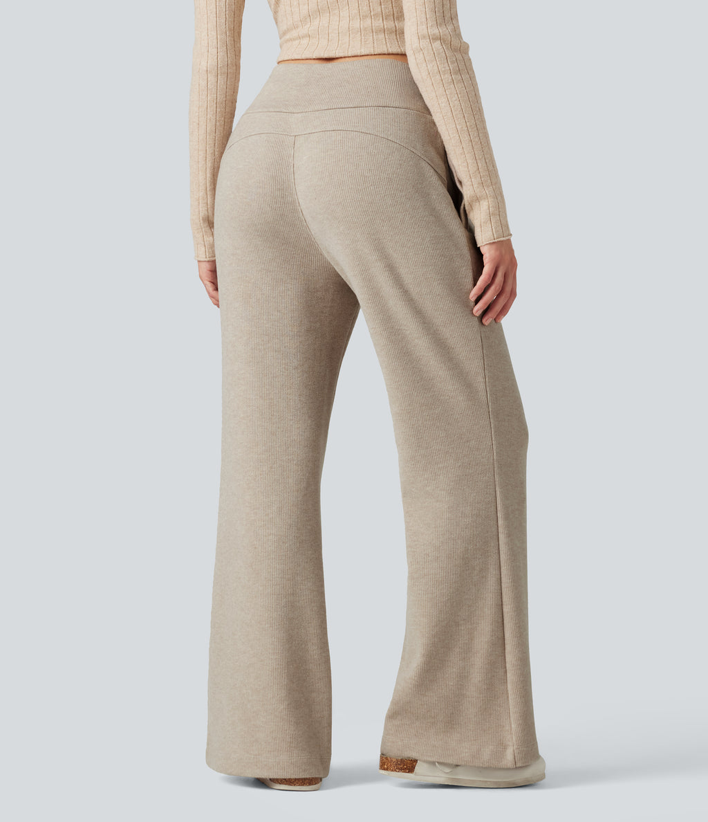 Ribbed High Waisted Drawstring Flare Casual Pants with Pockets — Oatstone Beige — view 2