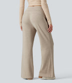 Ribbed High Waisted Drawstring Flare Casual Pants with Pockets — Oatstone Beige — view 2