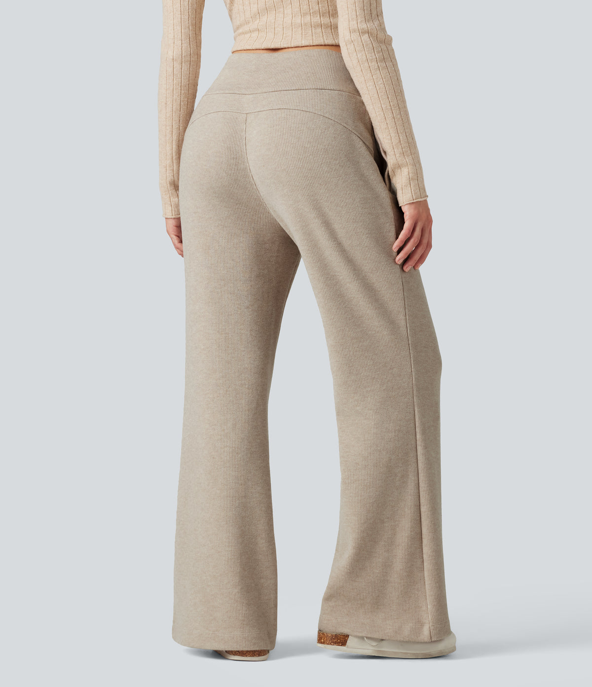 Ribbed High Waisted Drawstring Flare Casual Pants with Pockets — Oatstone Beige — view 2
