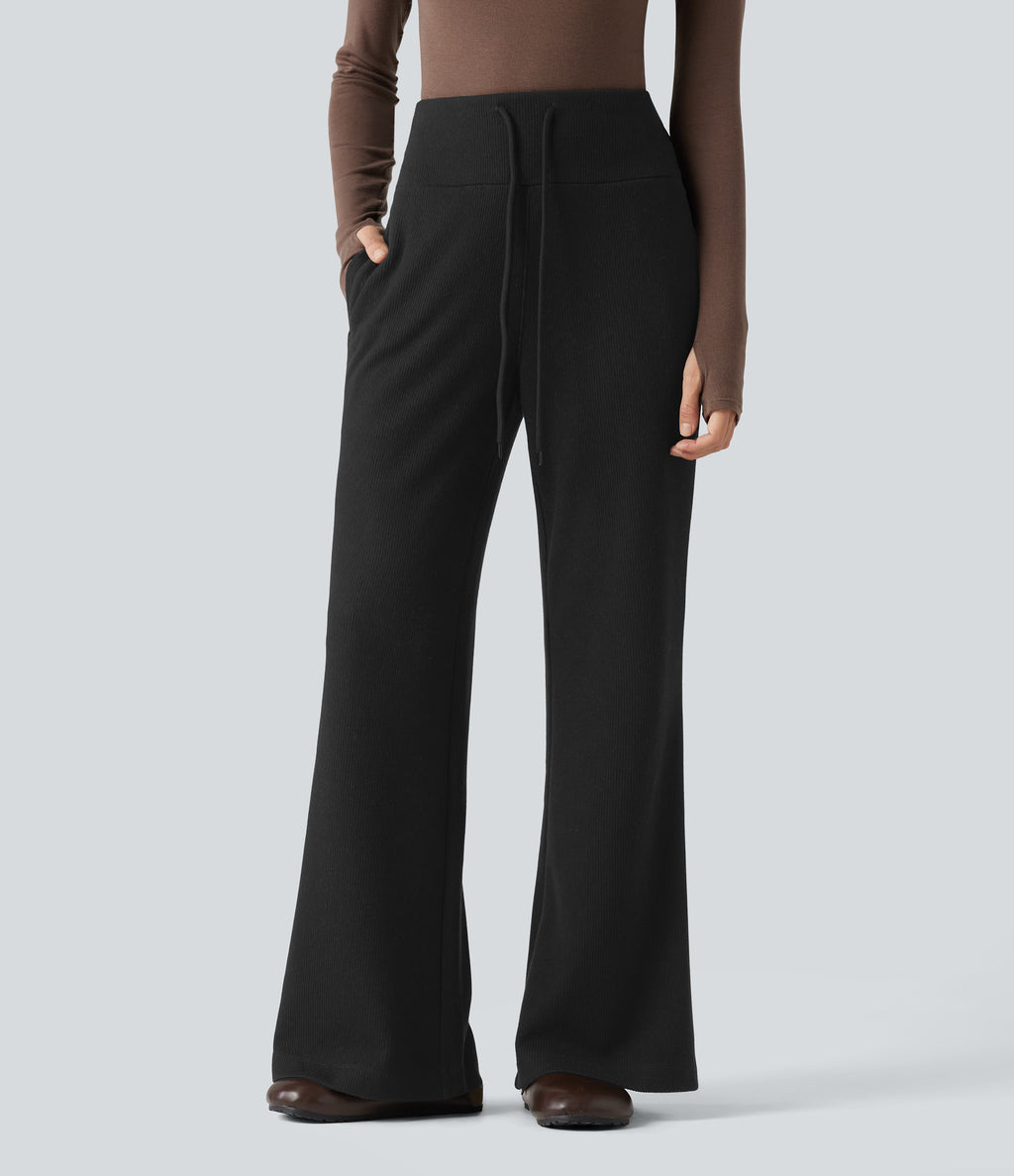 Ribbed High Waisted Drawstring Flare Casual Pants with Pockets — Black — view 9