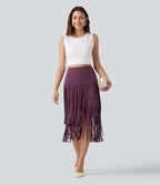 Cool Quick Dry High Waisted Fringe Hem Midi Skirt — Amaranth — view 7