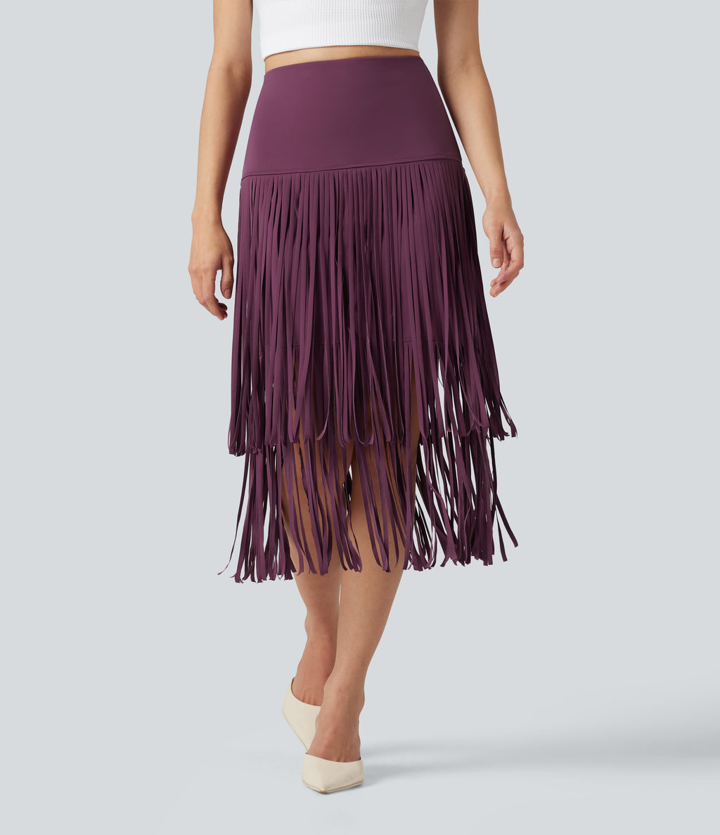 Cool Quick Dry High Waisted Fringe Hem Midi Skirt — Amaranth — view 1