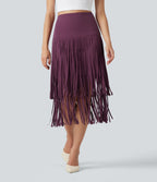 Cool Quick Dry High Waisted Fringe Hem Midi Skirt — Amaranth — view 1