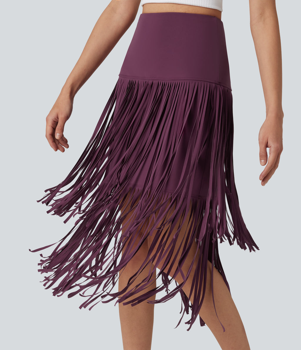 Cool Quick Dry High Waisted Fringe Hem Midi Skirt — Amaranth — view 5