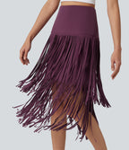 Cool Quick Dry High Waisted Fringe Hem Midi Skirt — Amaranth — view 5