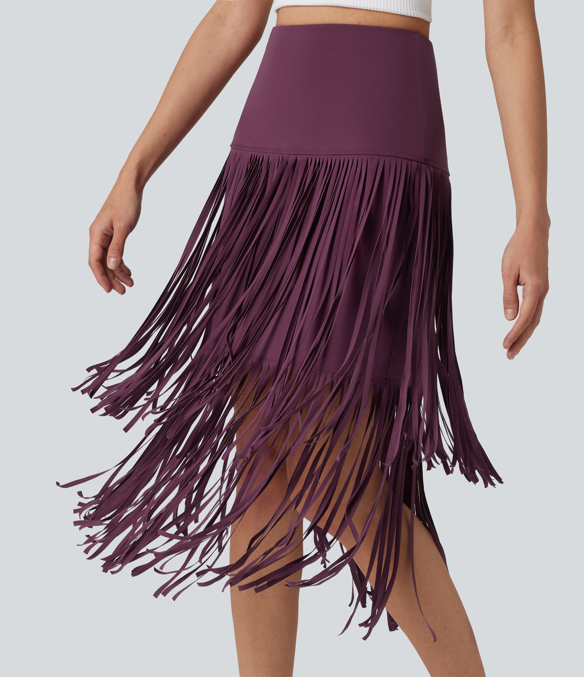 Cool Quick Dry High Waisted Fringe Hem Midi Skirt — Amaranth — view 5