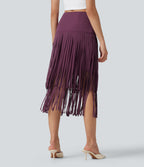 Cool Quick Dry High Waisted Fringe Hem Midi Skirt — Amaranth — view 2