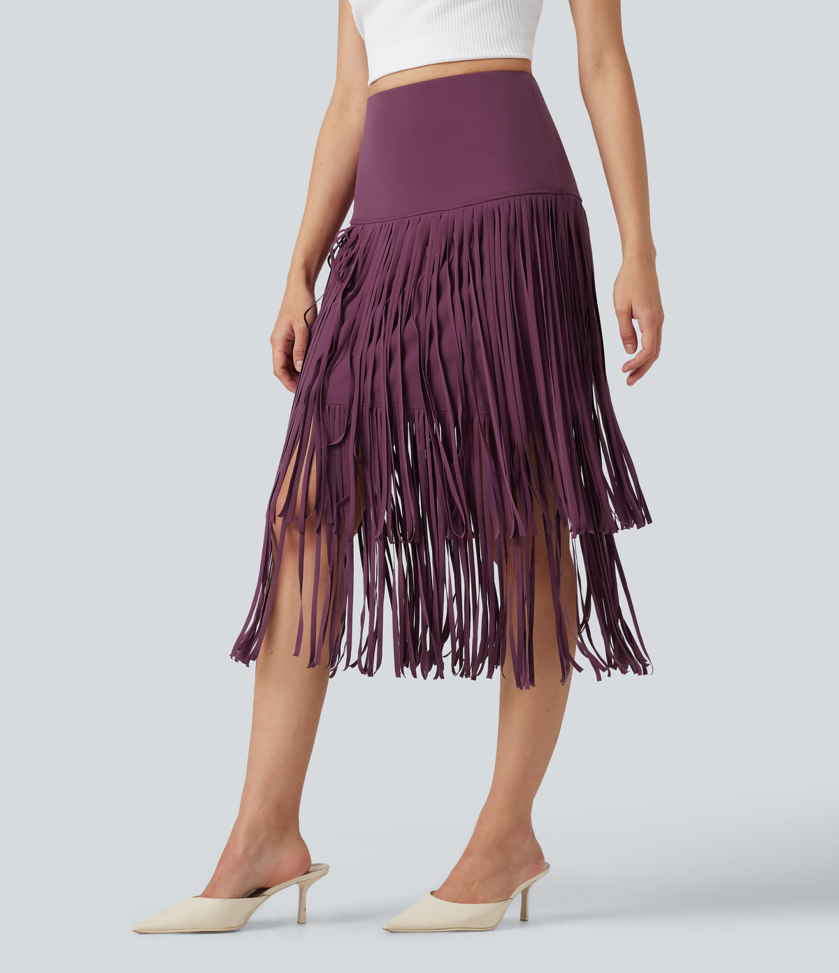 Cool Quick Dry High Waisted Fringe Hem Midi Skirt — Amaranth — view 3