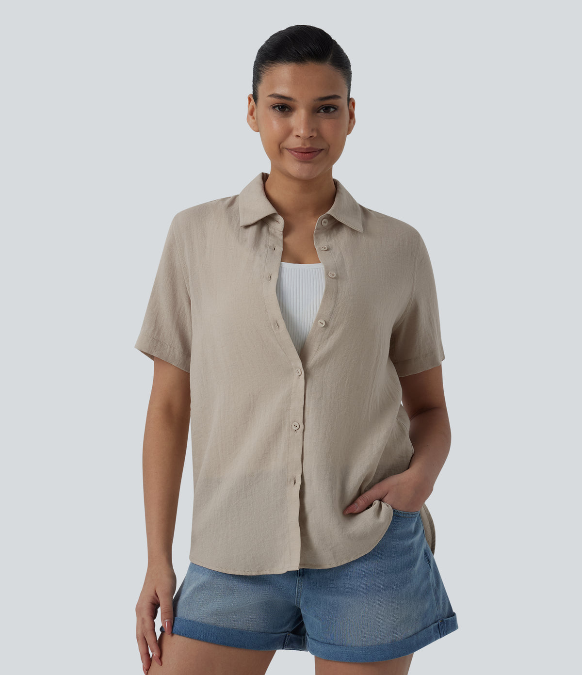 Short Sleeve Curved Hem Casual Linen-Blend Shirt — Island Fossil — view 3