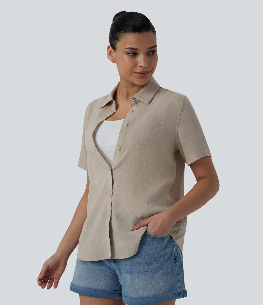 Short Sleeve Curved Hem Casual Linen-Blend Shirt — Island Fossil — view 4