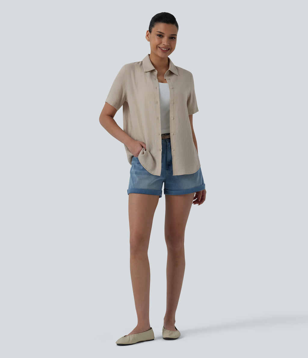 Short Sleeve Curved Hem Casual Linen-Blend Shirt — Island Fossil — view 5