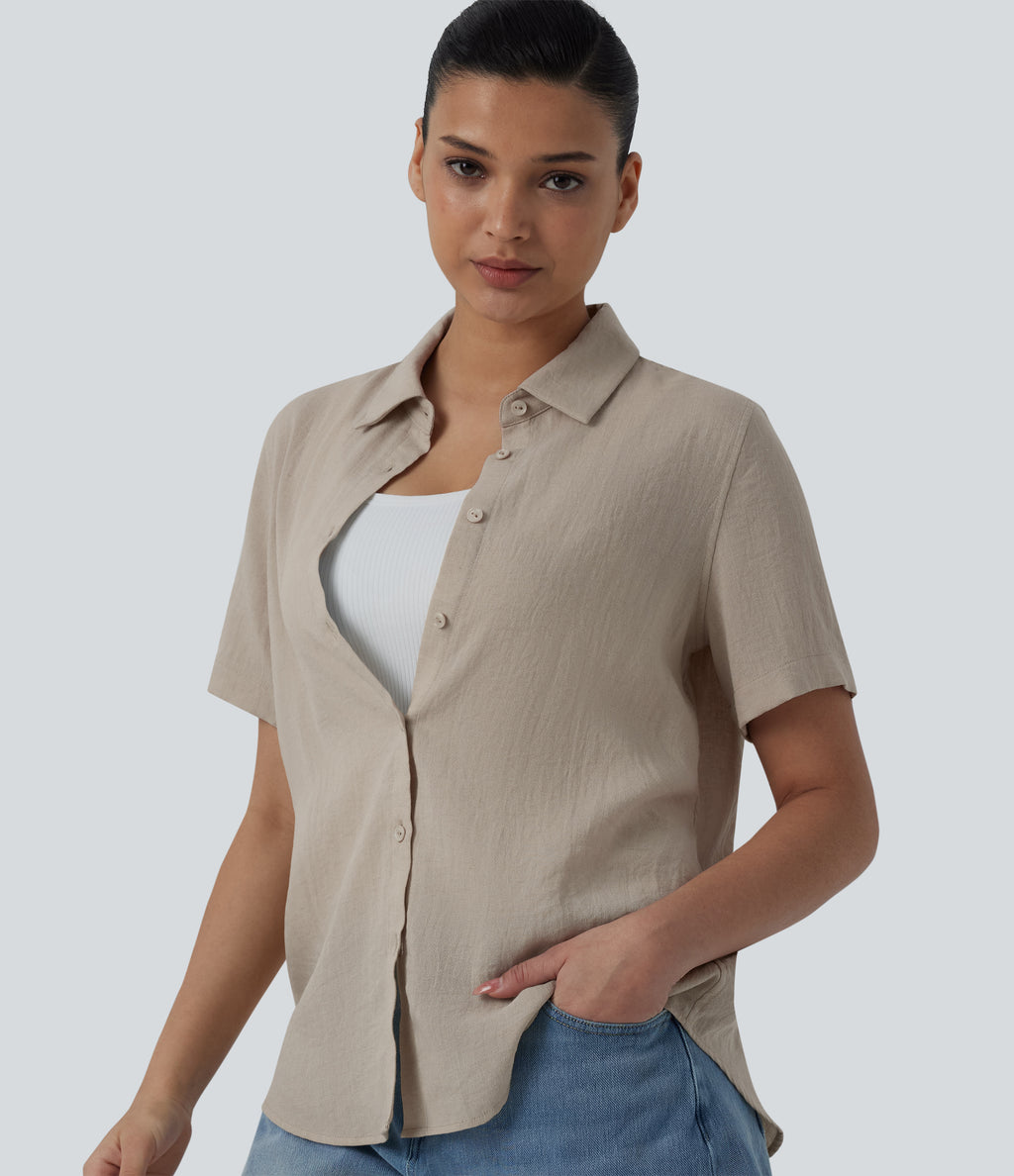 Short Sleeve Curved Hem Casual Linen-Blend Shirt — Island Fossil — view 1