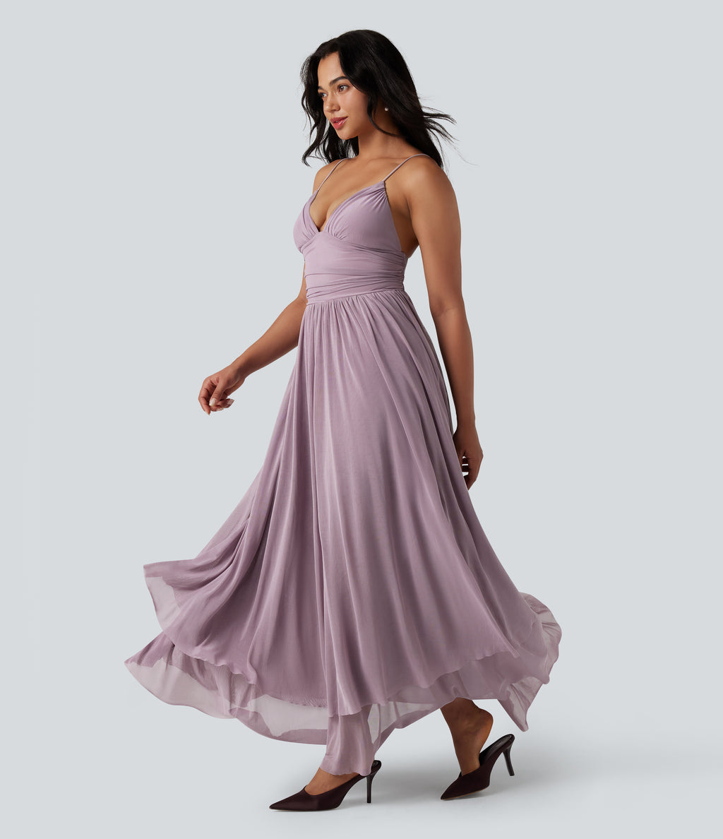 Built-in Bra Lace Up Mesh Layered Maxi Dress — Lilac Blush — view 3