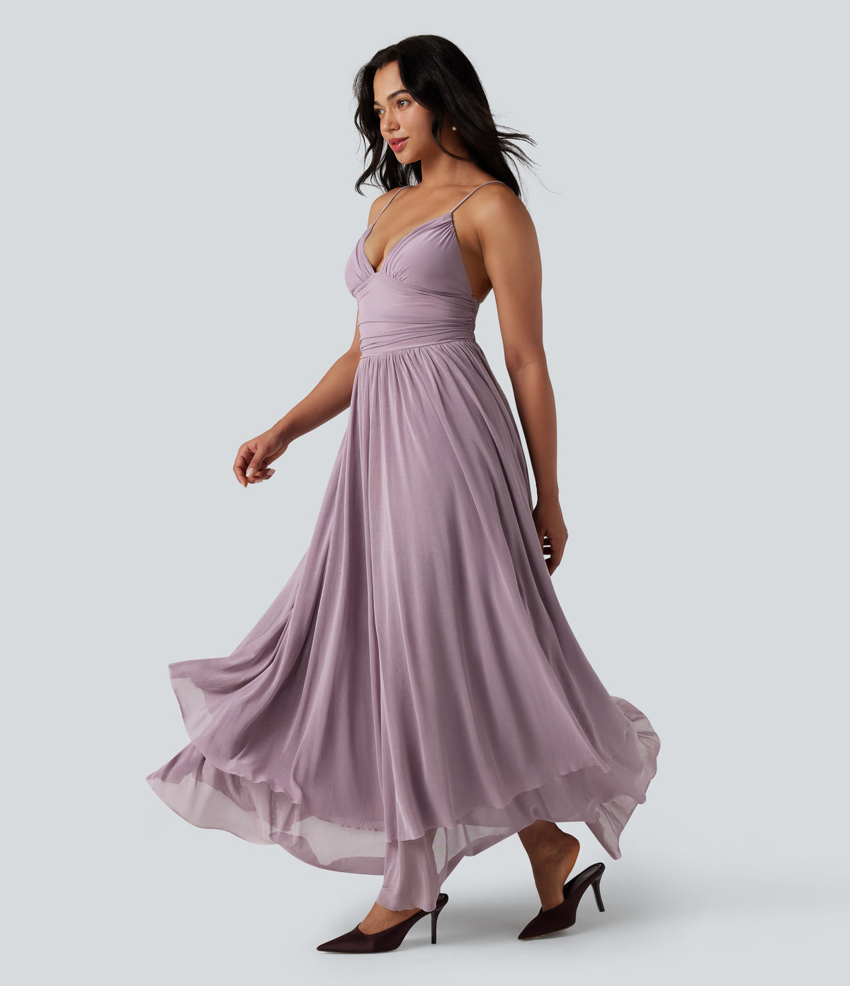 Built-in Bra Lace Up Mesh Layered Maxi Dress — Lilac Blush — view 3