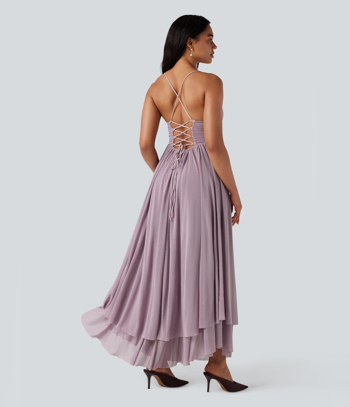Built-in Bra Lace Up Mesh Layered Maxi Dress — Lilac Blush — view 2