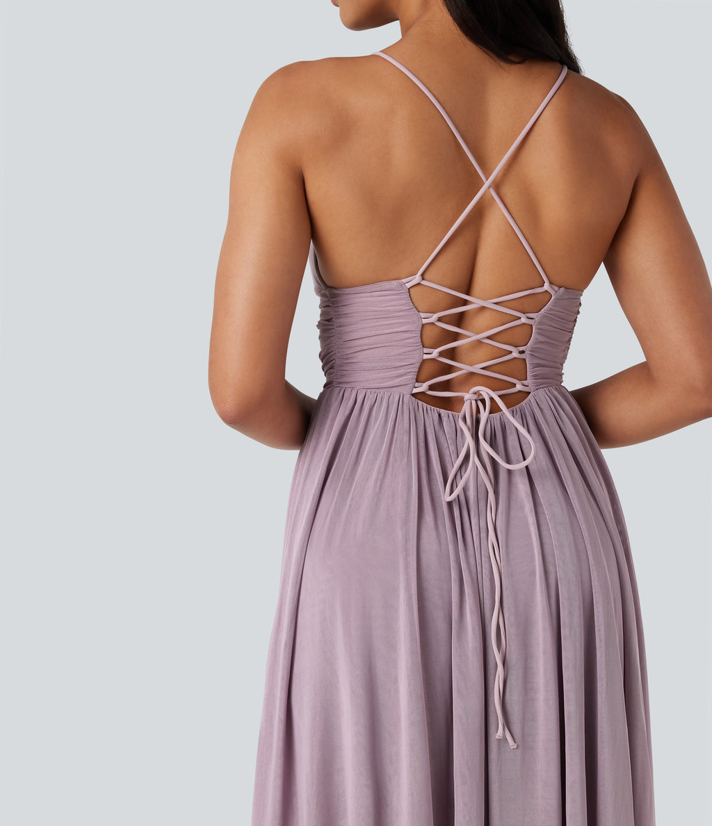 Built-in Bra Lace Up Mesh Layered Maxi Dress — Lilac Blush — view 5