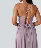 Built-in Bra Lace Up Mesh Layered Maxi Dress — Lilac Blush — view 5