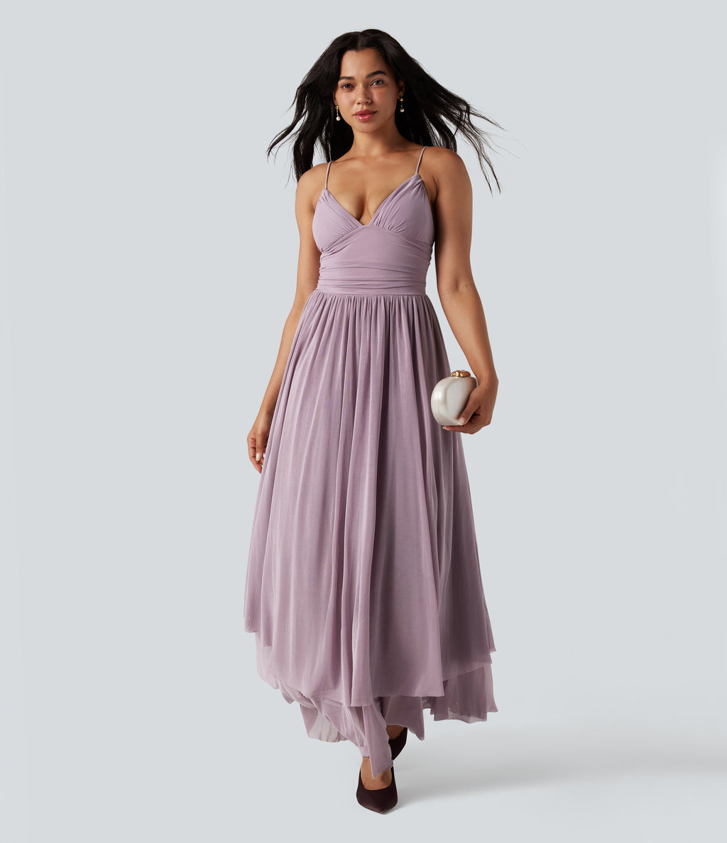 Built-in Bra Lace Up Mesh Layered Maxi Dress — Lilac Blush — view 7