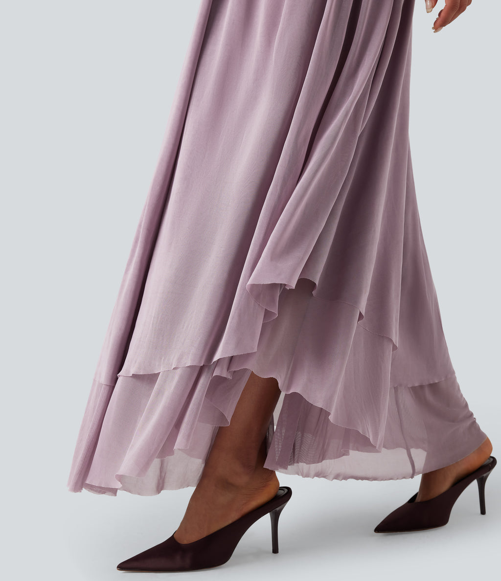 Built-in Bra Lace Up Mesh Layered Maxi Dress — Lilac Blush — view 6