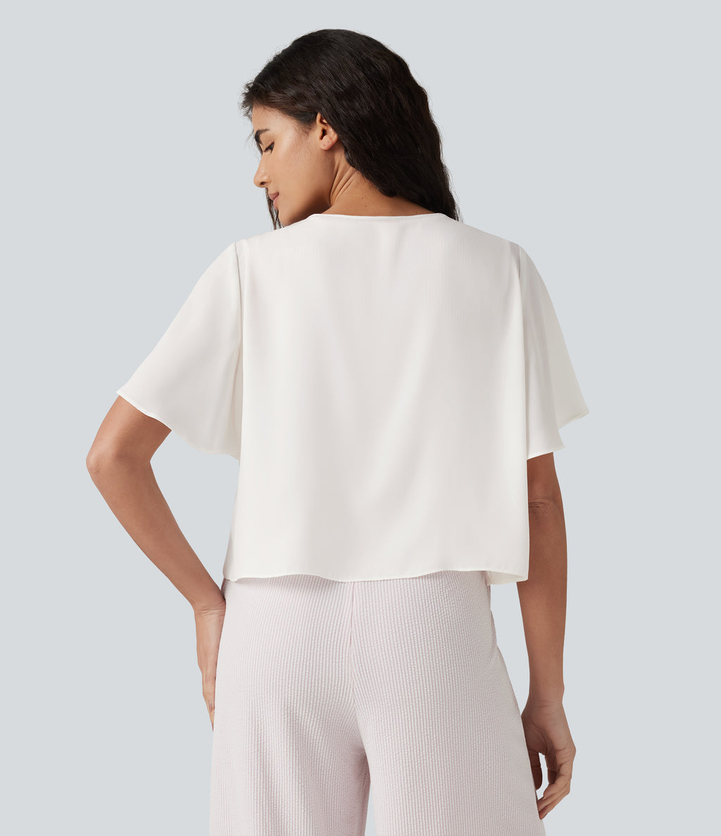 Flounce Short Sleeve Casual Chiffon Coat — White Alyssum — view 2