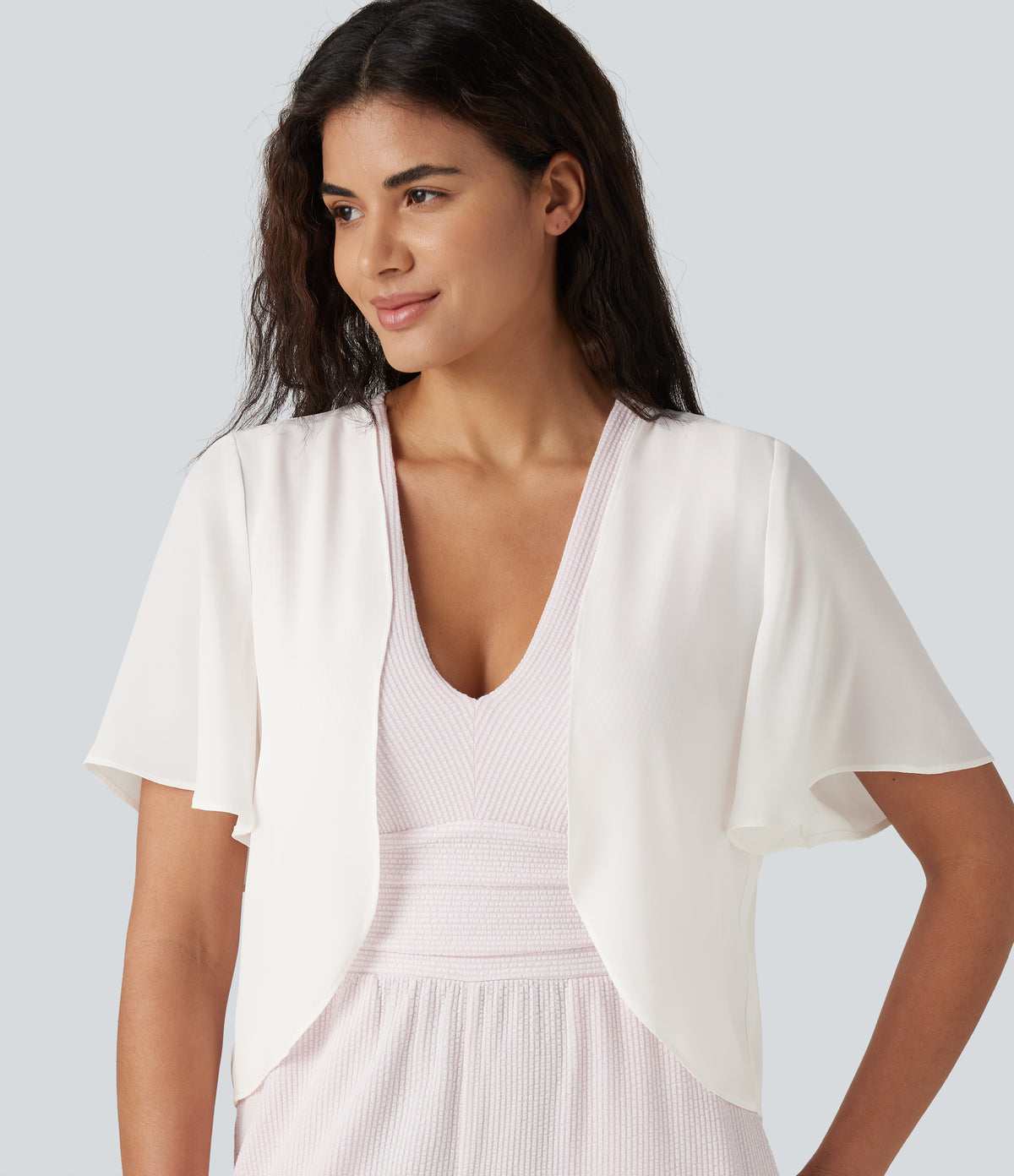 Flounce Short Sleeve Casual Chiffon Coat — White Alyssum — view 4