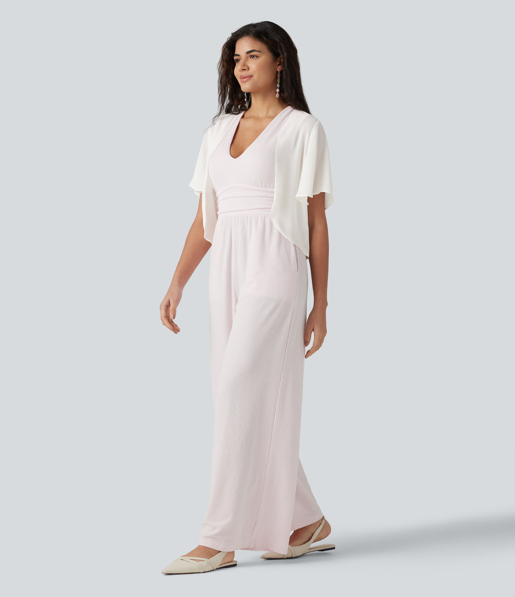 Flounce Short Sleeve Casual Chiffon Coat — White Alyssum — view 6