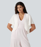 Flounce Short Sleeve Casual Chiffon Coat — White Alyssum — view 1